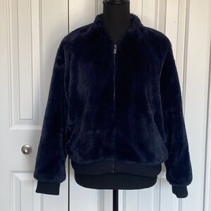 New Banana Republic Dark Blue Medium Soft Faux Fur Zip Up Bomber Style Jacket